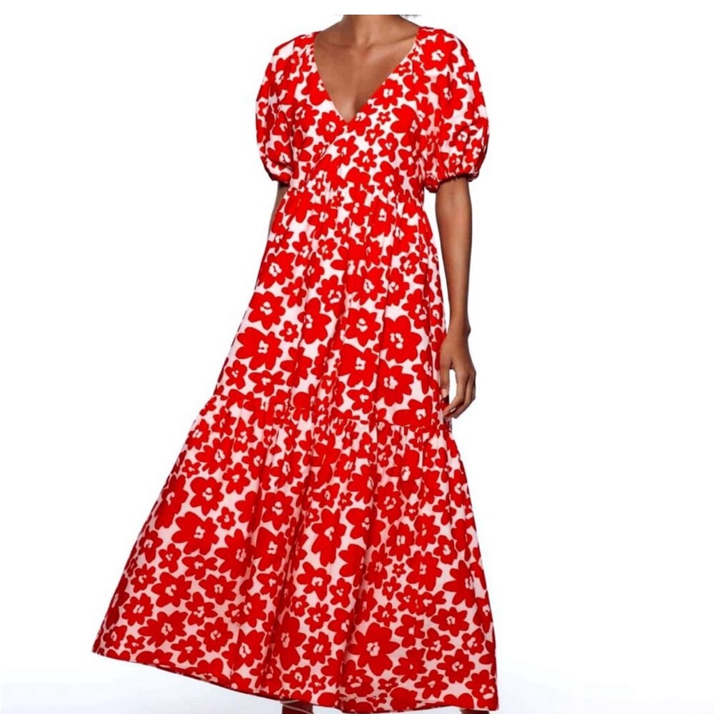 NWT | Zara | Bold Colorful Red & White Maci Dress with Puff Sleeves | Size XS